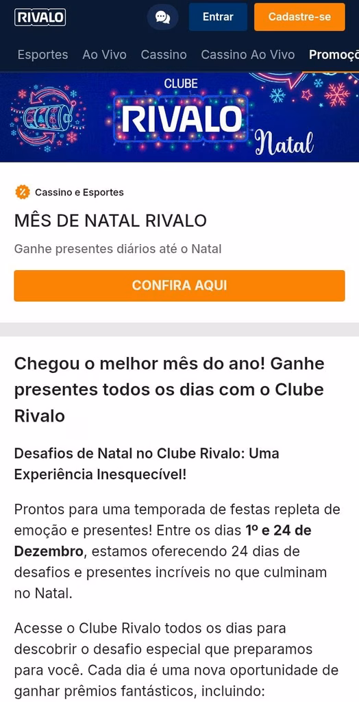 Informações sobre a oferta Mês de Natal Rivalo, com prêmios diários até 24/12 e botão “Confira Aqui”