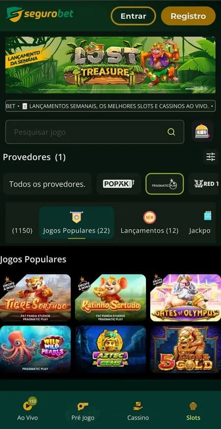 Gates of Olympus e outros slots populares na SeguroBet, como Tigre Sortudo.
