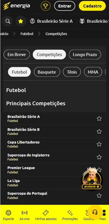 Brasileirão Série A, Copa Libertadores, Premier League e La Liga na Energia Bet