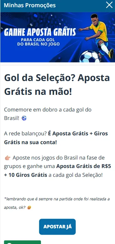 Ganhe Apostas Grátis para cada gol do Brasil no jogo