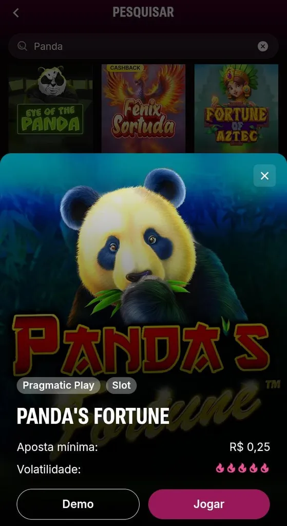 Jogo demo de Panda's Fortune na Superbet, com informações de volatilidade, aposta mínima e o panda ao fundo