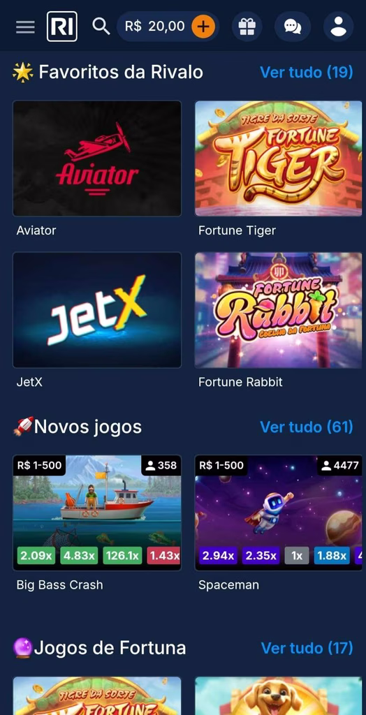 Ícones do Aviator, Fortune Tiger, JetX e Fortune Rabbit exibidos entre os jogos favoritos da Rivalo
