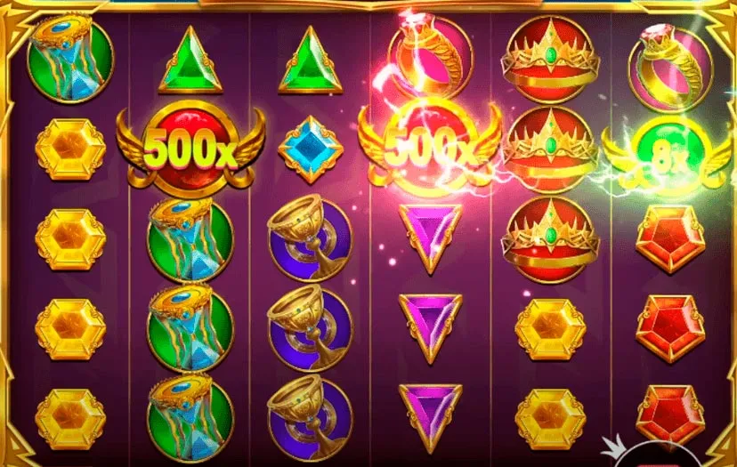 Diferentes figuras de diamantes e multiplicadores na grade 7x6 do slot Gates of Olympus 1000