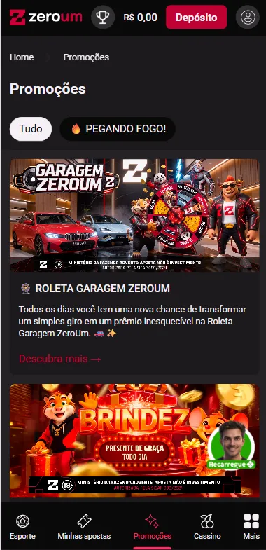 Página de promoções da Zero Um como o banner da oferta Garagem ZeroUm e BrindeZ