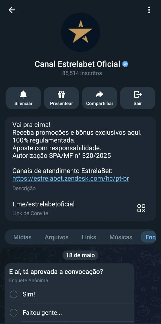 Print do canal da Estrelabet no telegram.