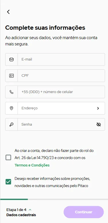 Tela do Pitaco com formulário de cadastro na primeira etapa
