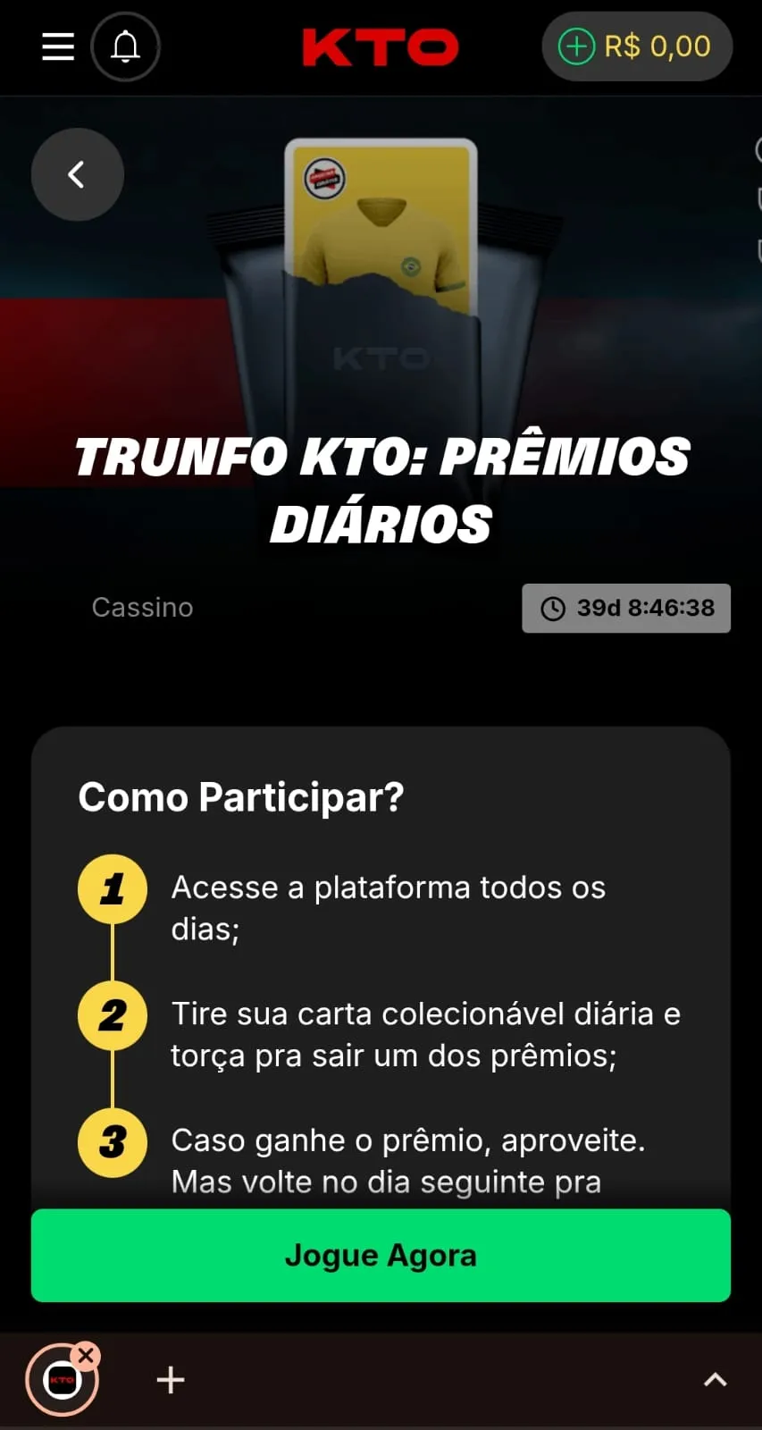 Oferta de Trunfo Diário da KTO com prêmios diários e cartas colecionaveis durante a Copa do Mundo.