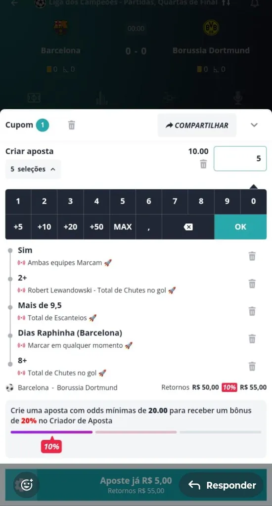 Cupom de aposta esportiva entre Barcelona e Borussia Dortmund com múltiplas seleções e odds detalhadas.