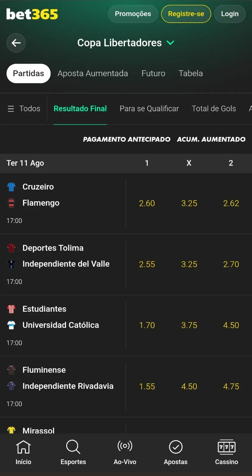Cotações para o mercado de resultado final de diferentes jogos da Libertadores na bet365