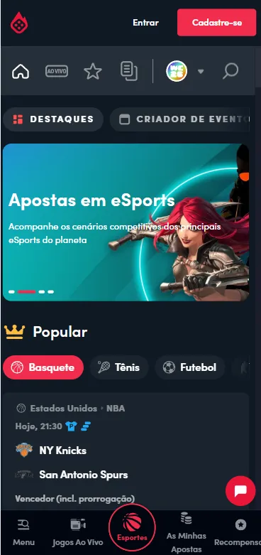 Página de destaques esportivas da Blaze com banner de eSports