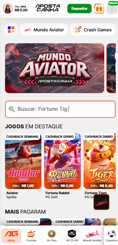 Cassino Aposta Ganha com banner para o Mundo Aviator e jogos em destaque