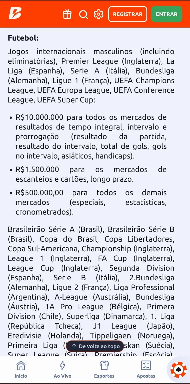 Regras dos limites de ganhos de apostas na Betano, com valores diferentes de acordo com mercados e competições