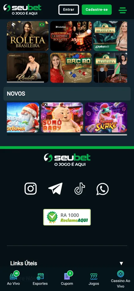 Ícones de diferentes jogos na Seubet, incluindo o Fortune Snake localizado dentro da categoria "Novos"