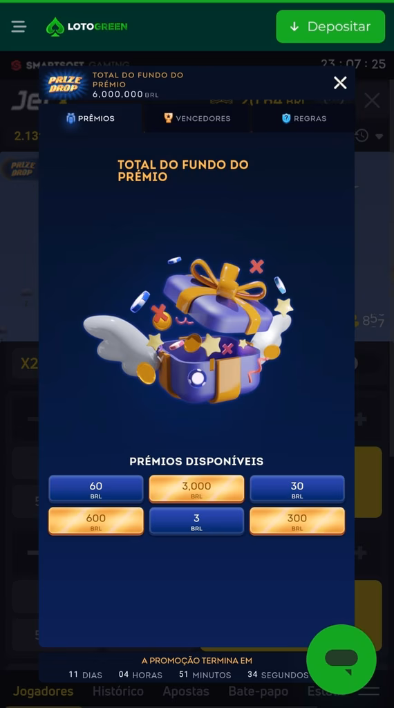 Fundo de prêmios da Lotogreen, com um presente aberto e 6 prêmios disponíveis entre R$3 e R$3 mil
