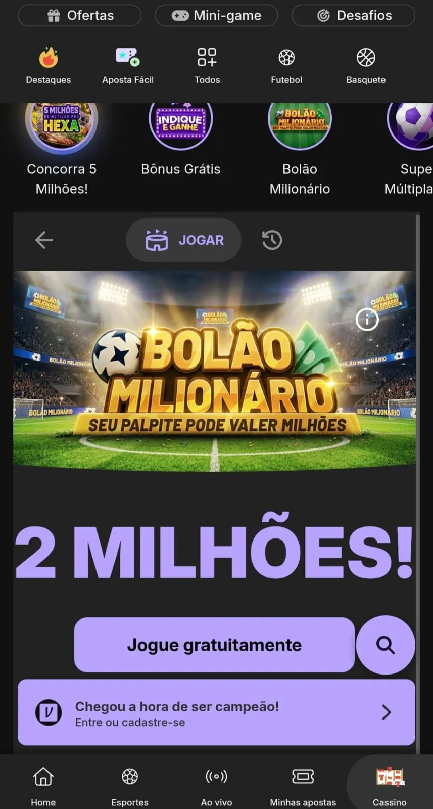 Print no site mobile do Bolão Milionário da Vupi, com prêmios de até R$ 2 milhões e destaque para o botão de "Jogar gratuitamente".