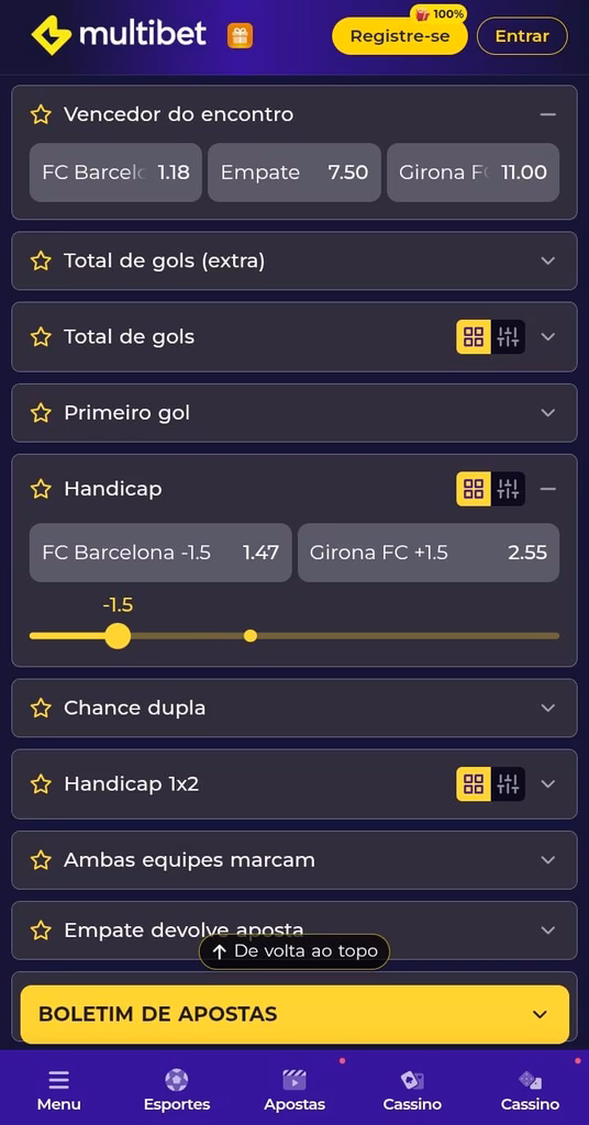 Página dos mercados de apostas do jogo Barcelona x Girona na Multibet
