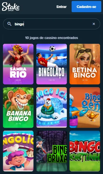 Jogos de bingo online na stake com títulos como Samba Rio, Bingolaço e mais.