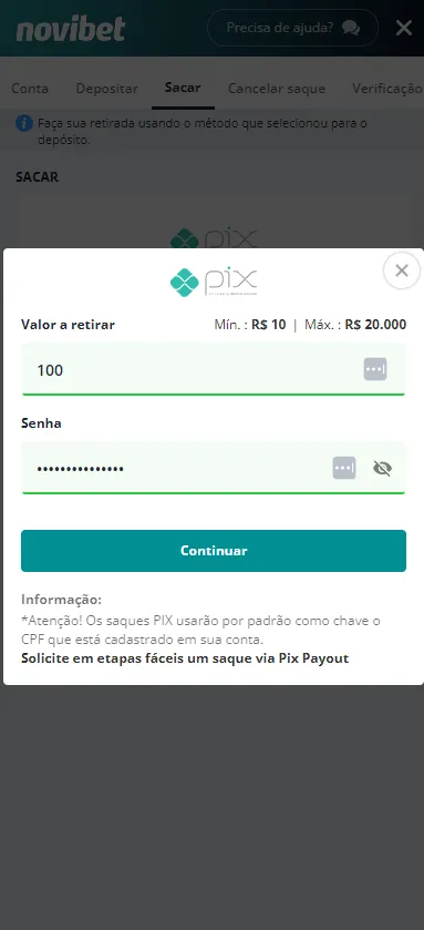 Formulário de saque preenchido na Novibet, com valor de retirada de R$100 e informações dos limites entre $10 e R$20000