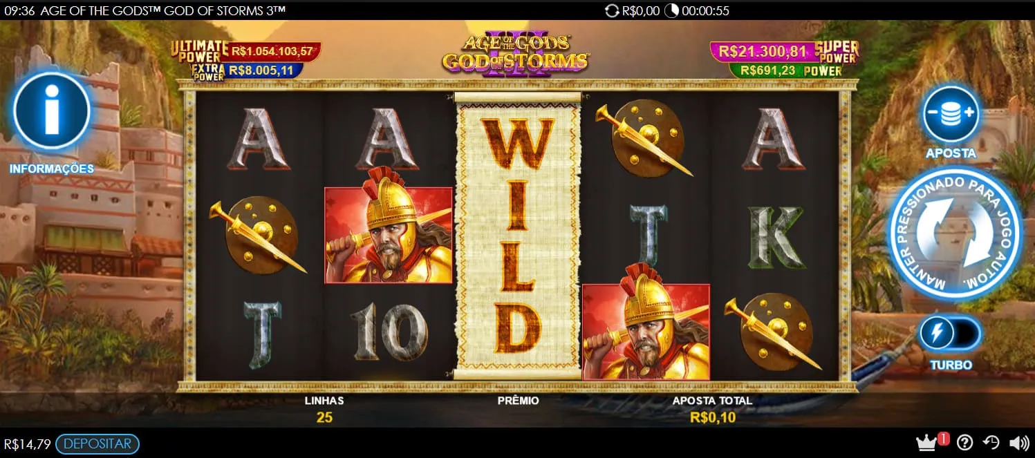 Diferentes figuras na grade 5x3 do jogo Age of the Gods: God of Storms III, com 4 diferentes jackpots