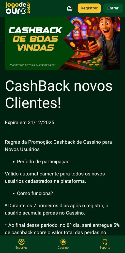 Oferta de cashback de boas-vindas da Jogo de Ouro cassino com prazo de validade e regras.