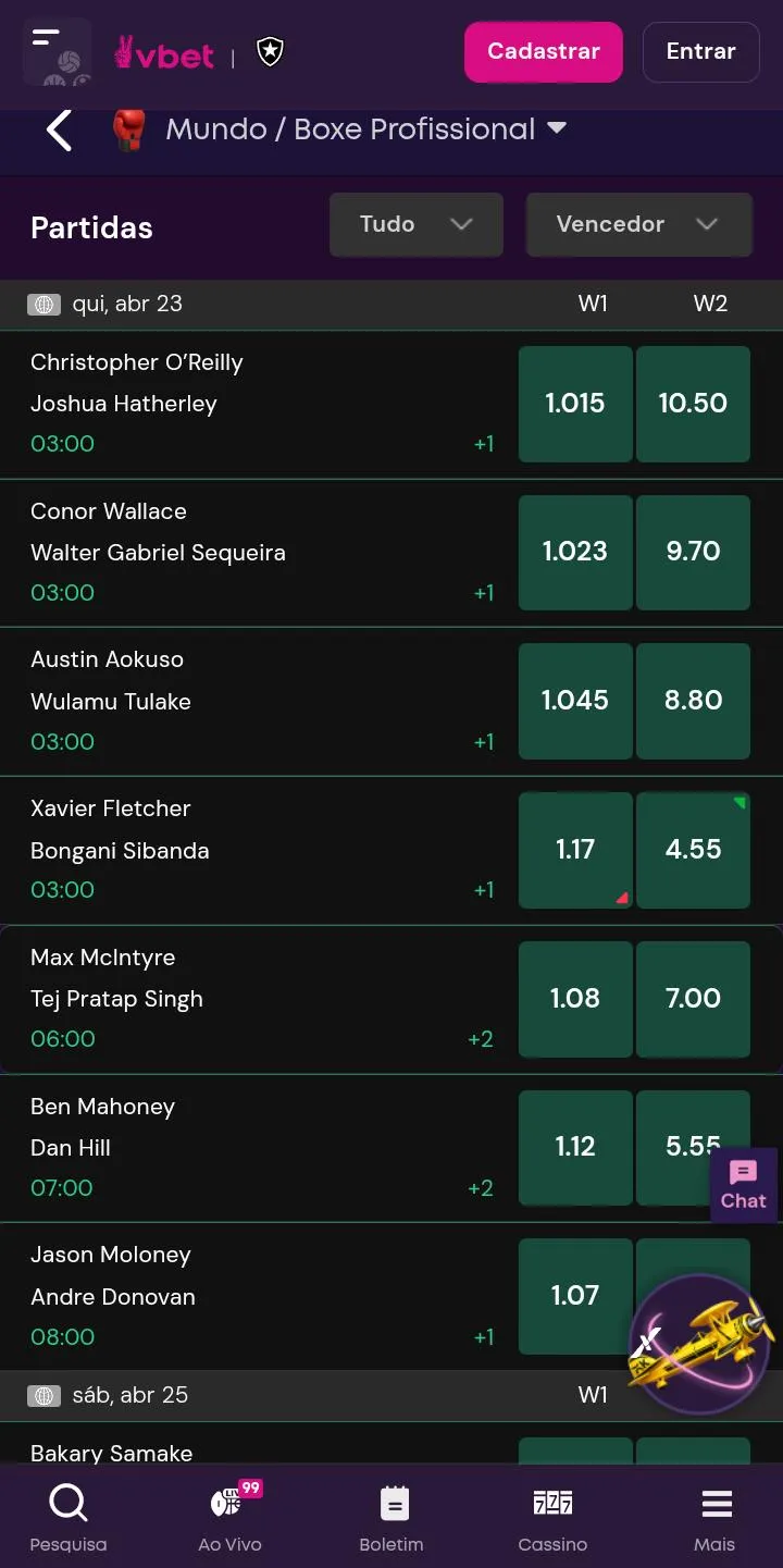 Lista de 7 lutas de boxe profissional na Vbet, com o mercado de vencedor do confronto
