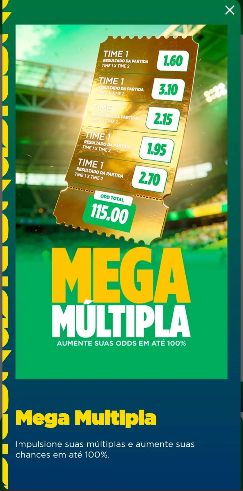 Oferta de Mega Múltipla da Brasilbet, com o banner de um bilhete dourado e odds aumentadas até 100%
