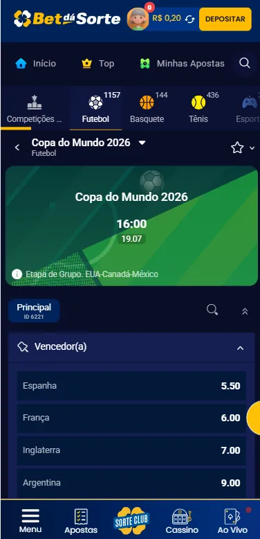 Mercado de Vencedor da Copa do Mundo 2026 para apostar na Bet dá Sorte