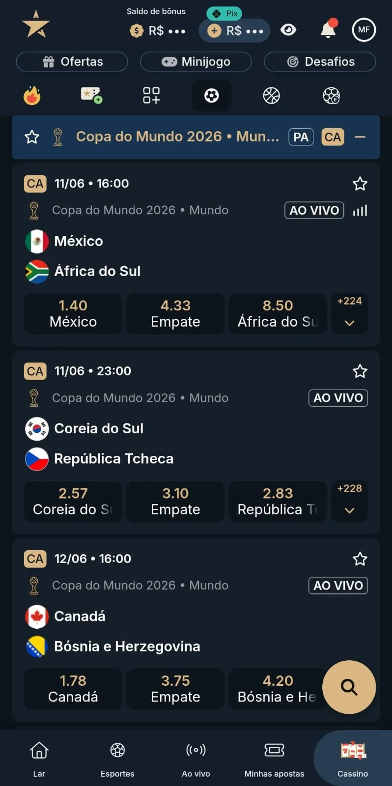 Captura de tela dos jogos da seção de Copa do Mundo, com odds do mercado 1x2.