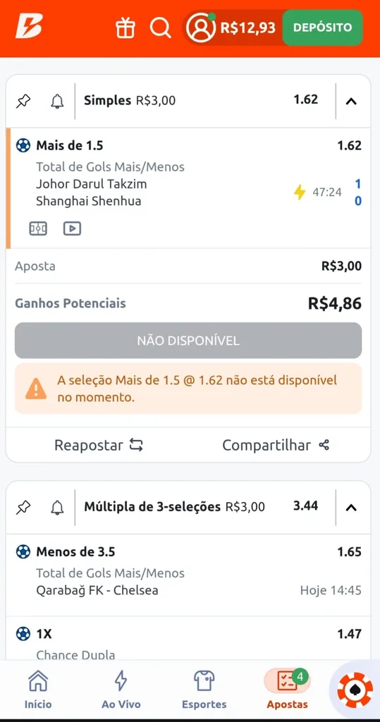 Cupom de aposta na Betano com cash out indisponível no momento.