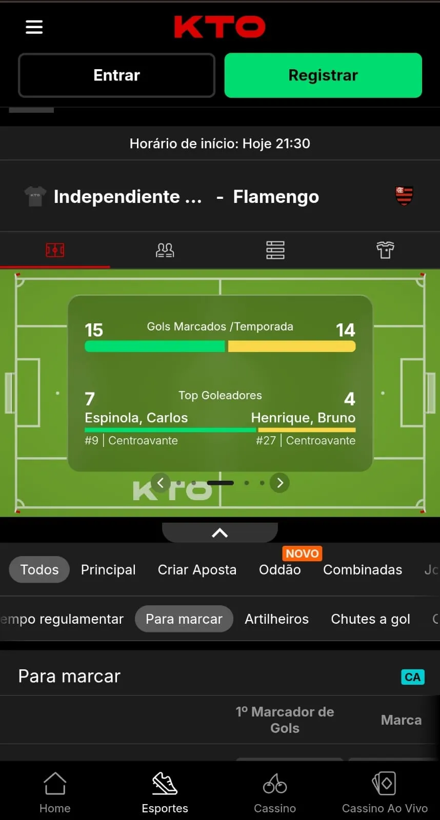 Página do mercado de marcador de gols do jogo Flamengo x Independiente del Valle na KTO