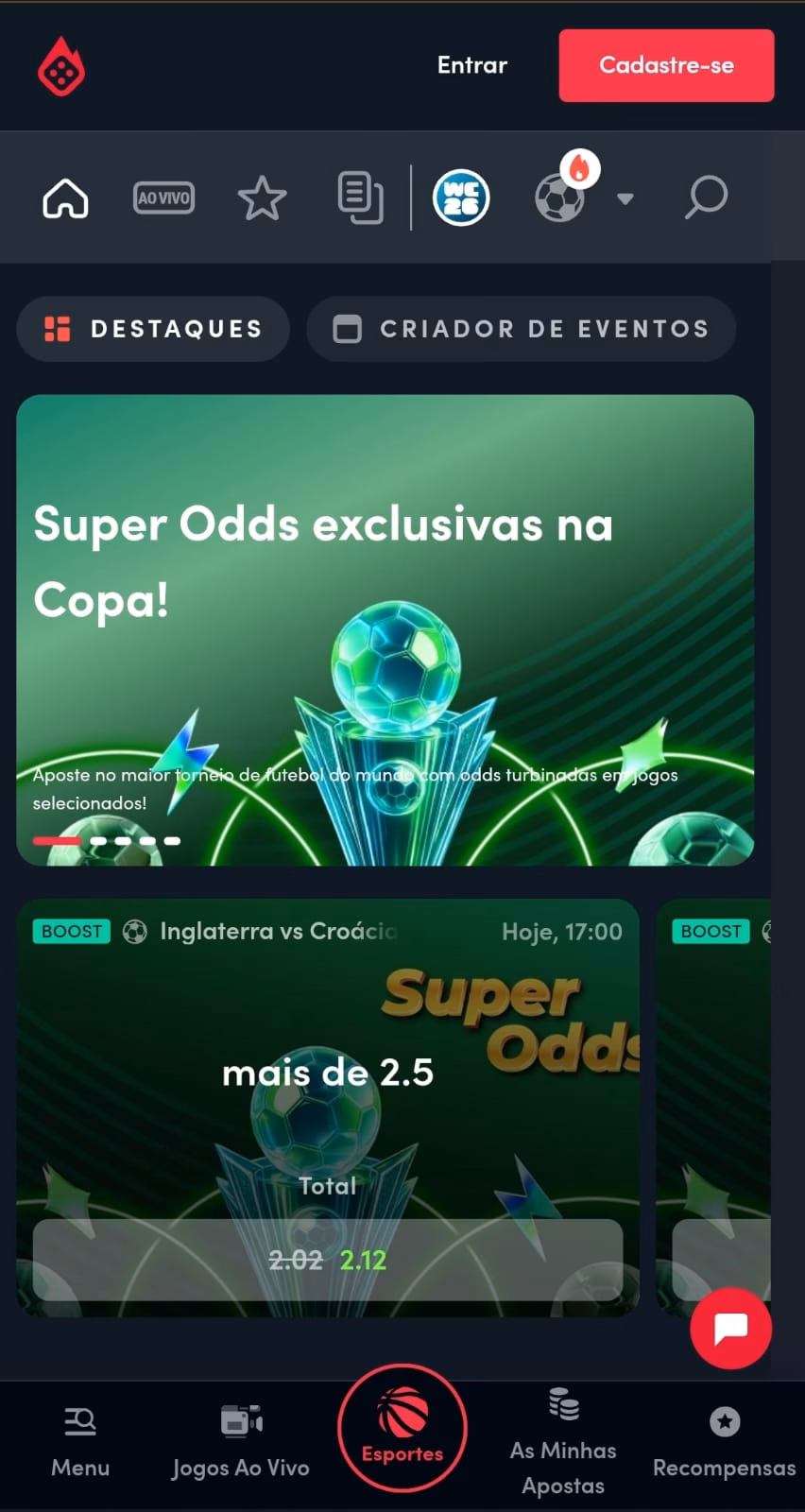 Oferta de Super Odds exclusivas na Copa da Blaze, com exemplo prático no mercado Mais de 2,5 gols em Inglaterra x Croácia.
