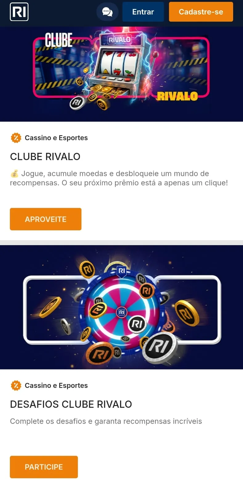 Print da página de promoções da Rivalo com banners promocionais do Clube Rivalo.