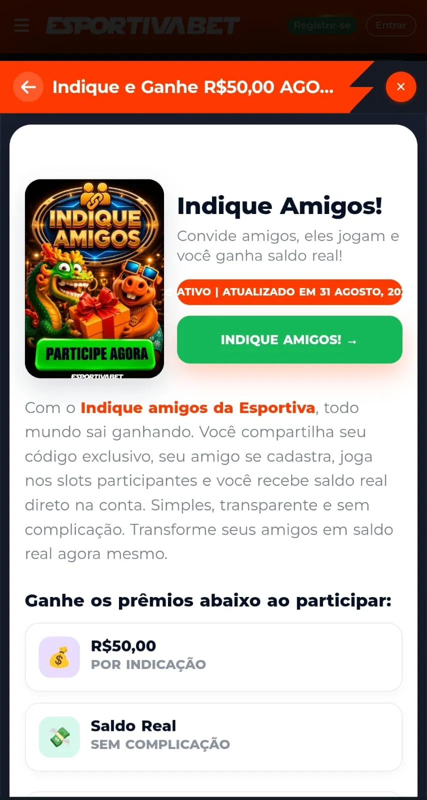 Print da página promocional do programa de indicação da Esportiva Bet.