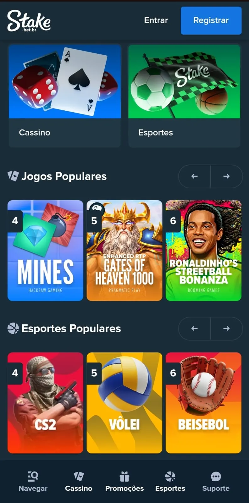 Print da página inicial da Stake com jogos e esportes populares.