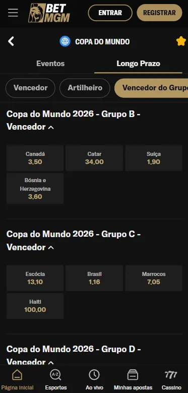 Mercado de apostas no BetMGM com odds 1.16 para o Brasil vencer o grupo na Copa do Mundo