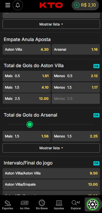 Mercado Empate Anula Aposta na KTO para Aston Villa x Arsenal 
