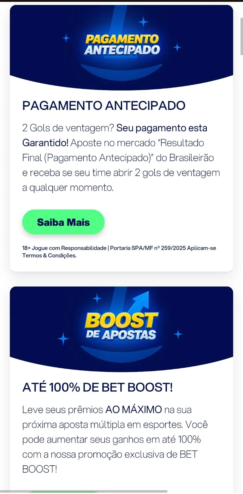 Ofertas de pagamento antecipado e até 100% de bet boost na Lottoland, com texto explicativo em cada promoção