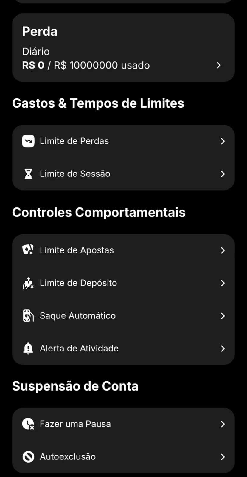 Área de jogo responsável da KTO com categorias de ajuste para "Gastos & Tempos de Limites", "Controles Comportamentais" e "Suspensão de Conta".