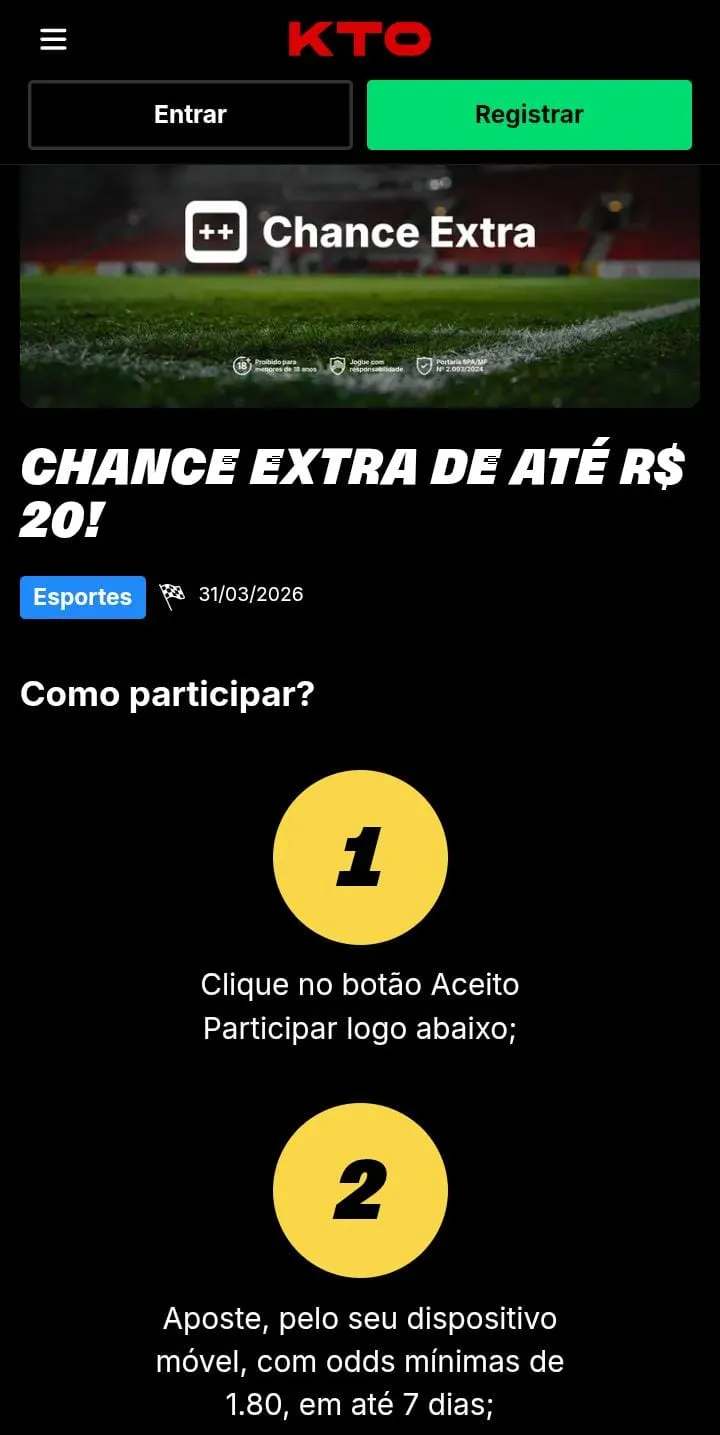 Oferta Chance Extra da KTO com reembolso de até R$20 se a aposta for perdedora.