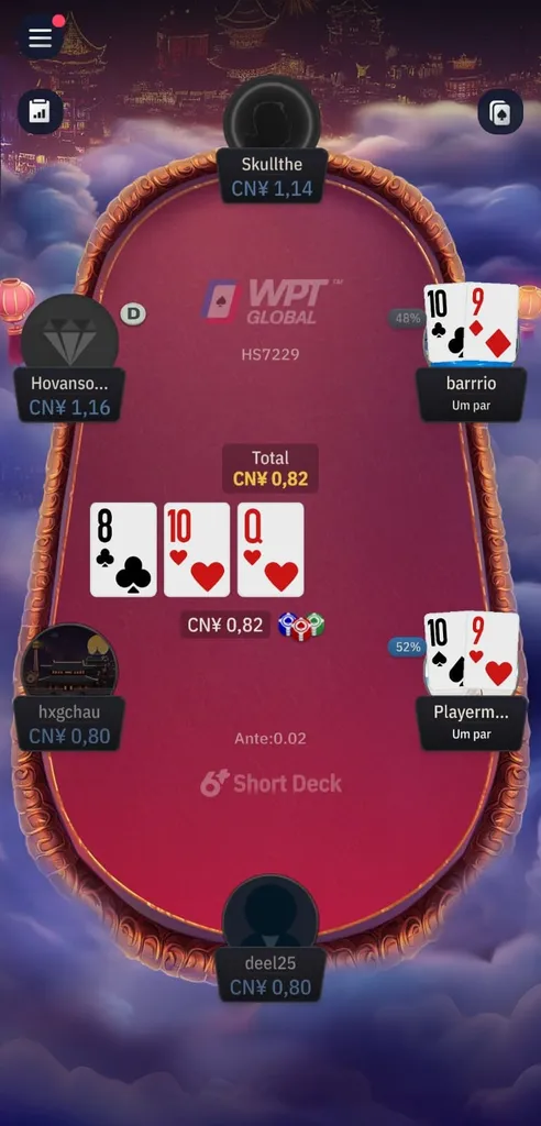 Mesa de poker com quatro jogadores e cartas comunitárias reveladas.