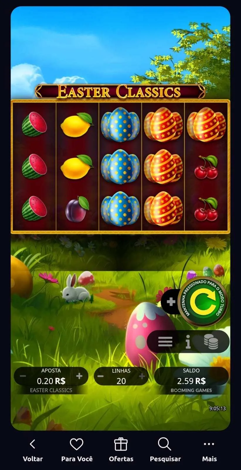 Slot de Páscoa Easter Classics, com símbolos de frutas e ovos coloridos e aposta definida em R$ 0,20.
