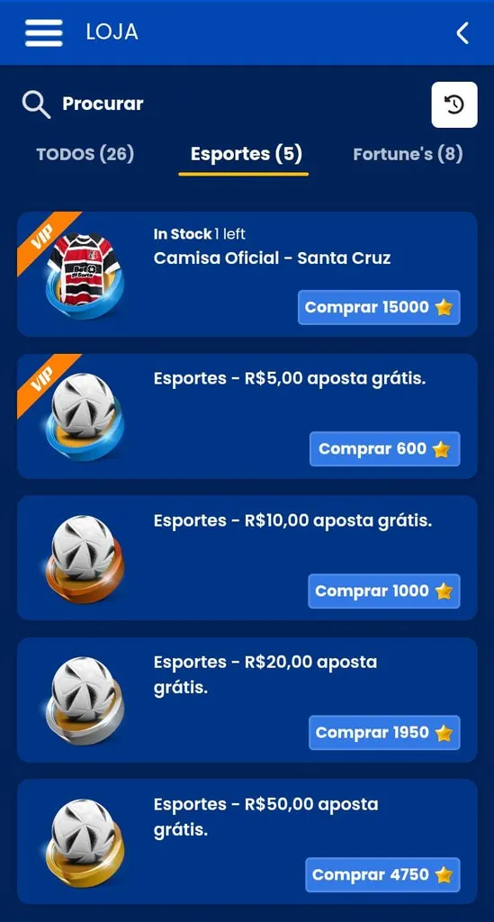 Lista de prêmios, incluindo camisa do Santa Cruz e apostas grátis, da loja do Programa de Fidelidade da BetdáSorte