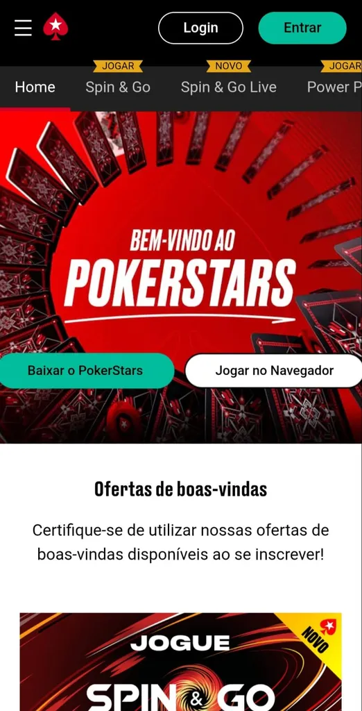 Seção inicial da PokerStars com botões de escolha para baixar o app ou jogar pelo navegador, além de oferta de boas-vindas