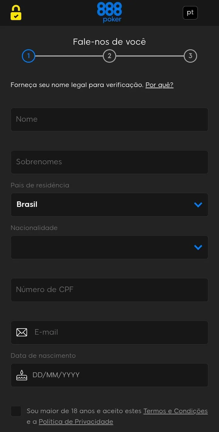 Formulário de cadastro na 888Poker, com campos de nome, sobrenome, CPF, email e data de nascimento