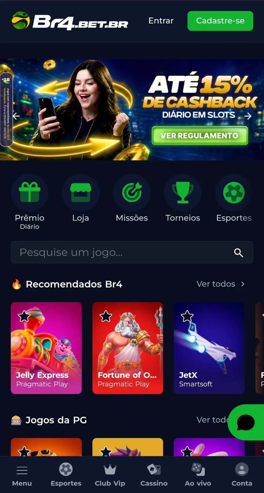 Banner da oferta de cashback diário da Br4bet com reembolso equivalente a uma porcentagem sobre a perda líquida.
