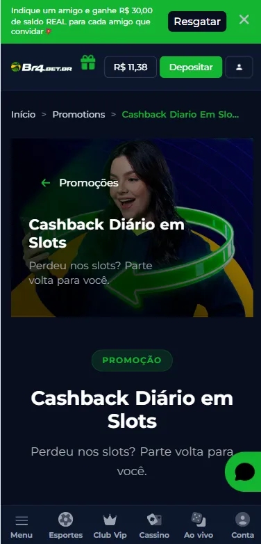 Cashback diário da BR4Bet, com banner promocional e texto informativo do regulamento
