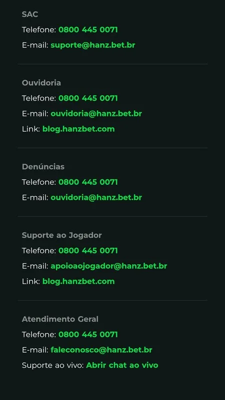 Canais de suporte da HanzBet
