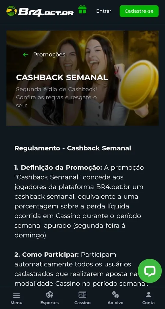 Cashback semanal da Br4bet com informações do funcionamento da oferta, como porcentagem das perdas e período de apuração.