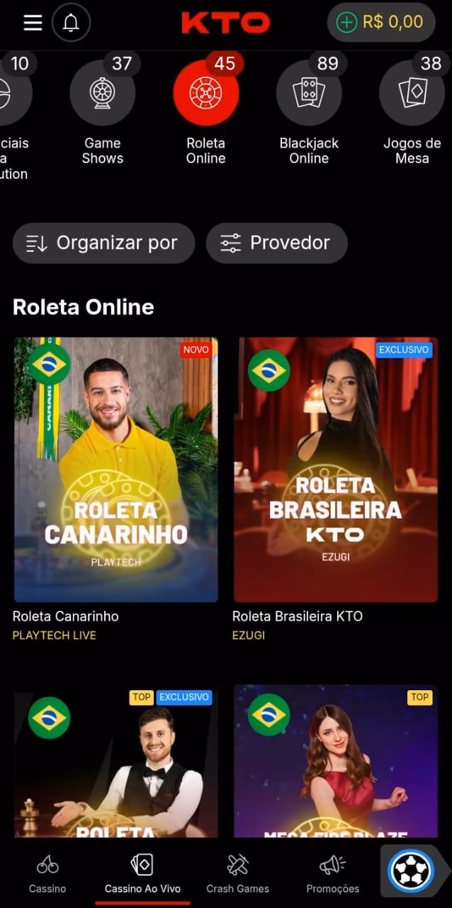 Exibição de 4 das 45 roletas online da KTO, incluindo Roleta Canarinho e Roleta Braisleira KTO
