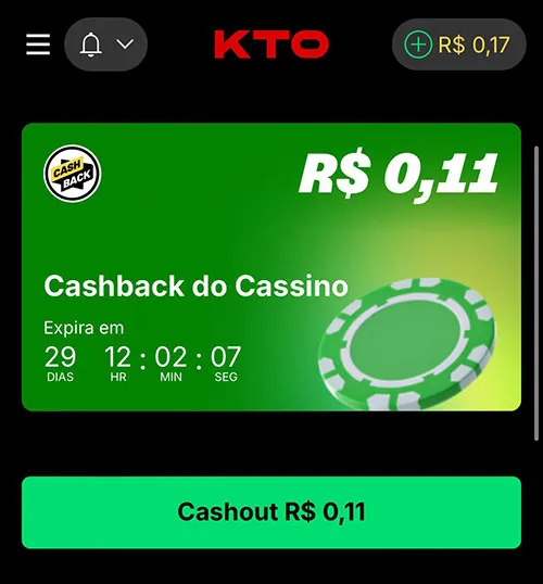 Informe do cashback de cassino de R$0,11 em uma conta ativa da KTO, com botão de cashout
